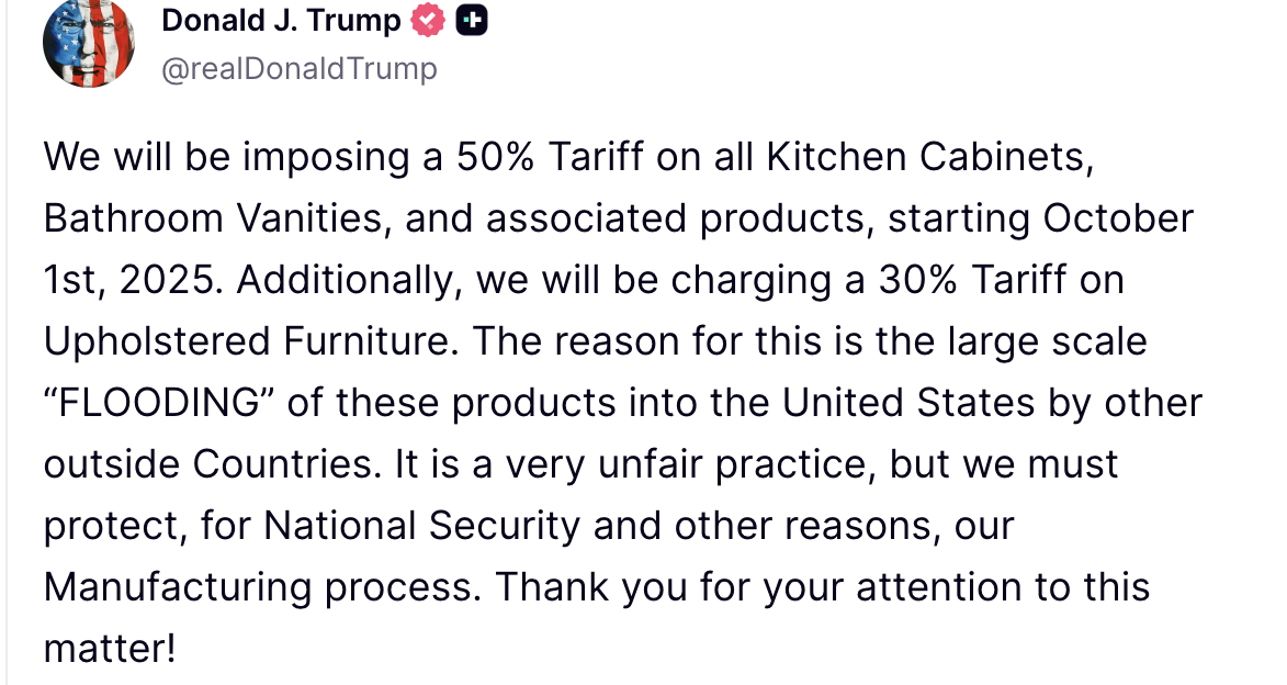 U.S. Tariffs on Canadian Cabinetry (25% now; slated to increase to 50% Jan 1, 2026)